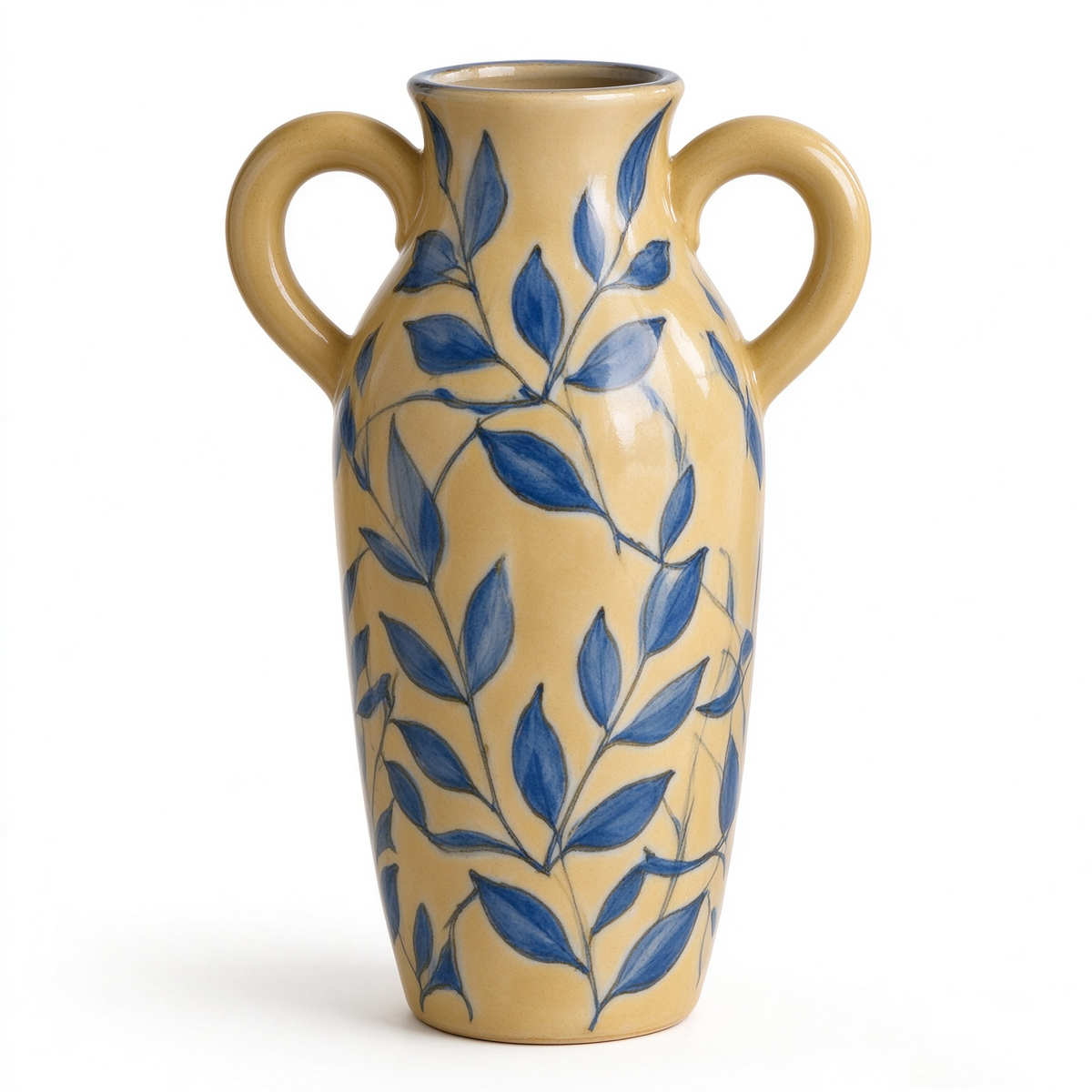 Double Handle Blue Leaf Yellow Ceramic Vase