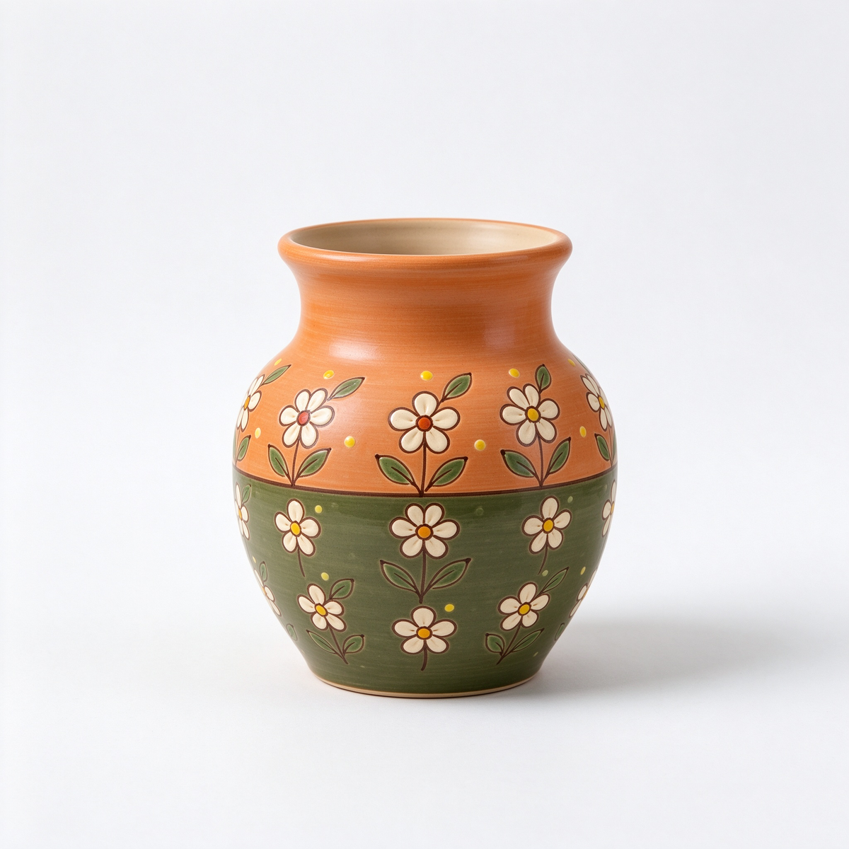 Two Tone Floral Carved Earthenware Vase