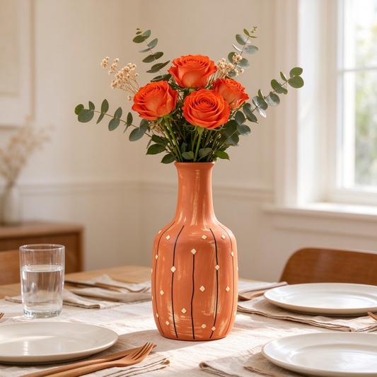 Terracotta Line And Dot Hand Decorated Bottle Vase