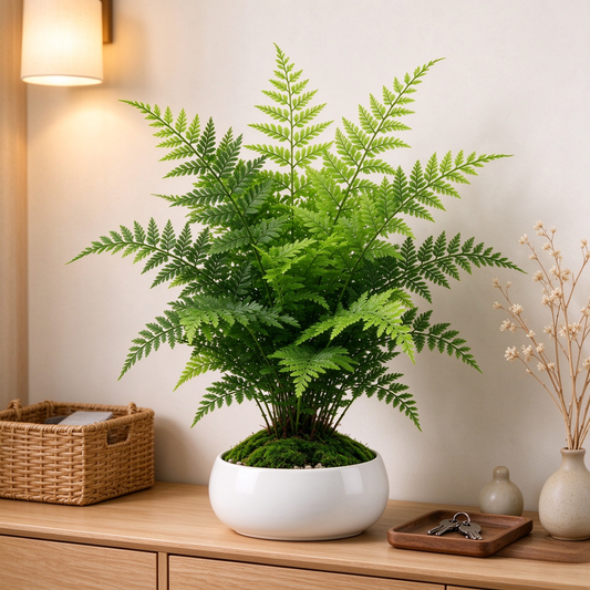 Artificial Green Fern in Round White Pot