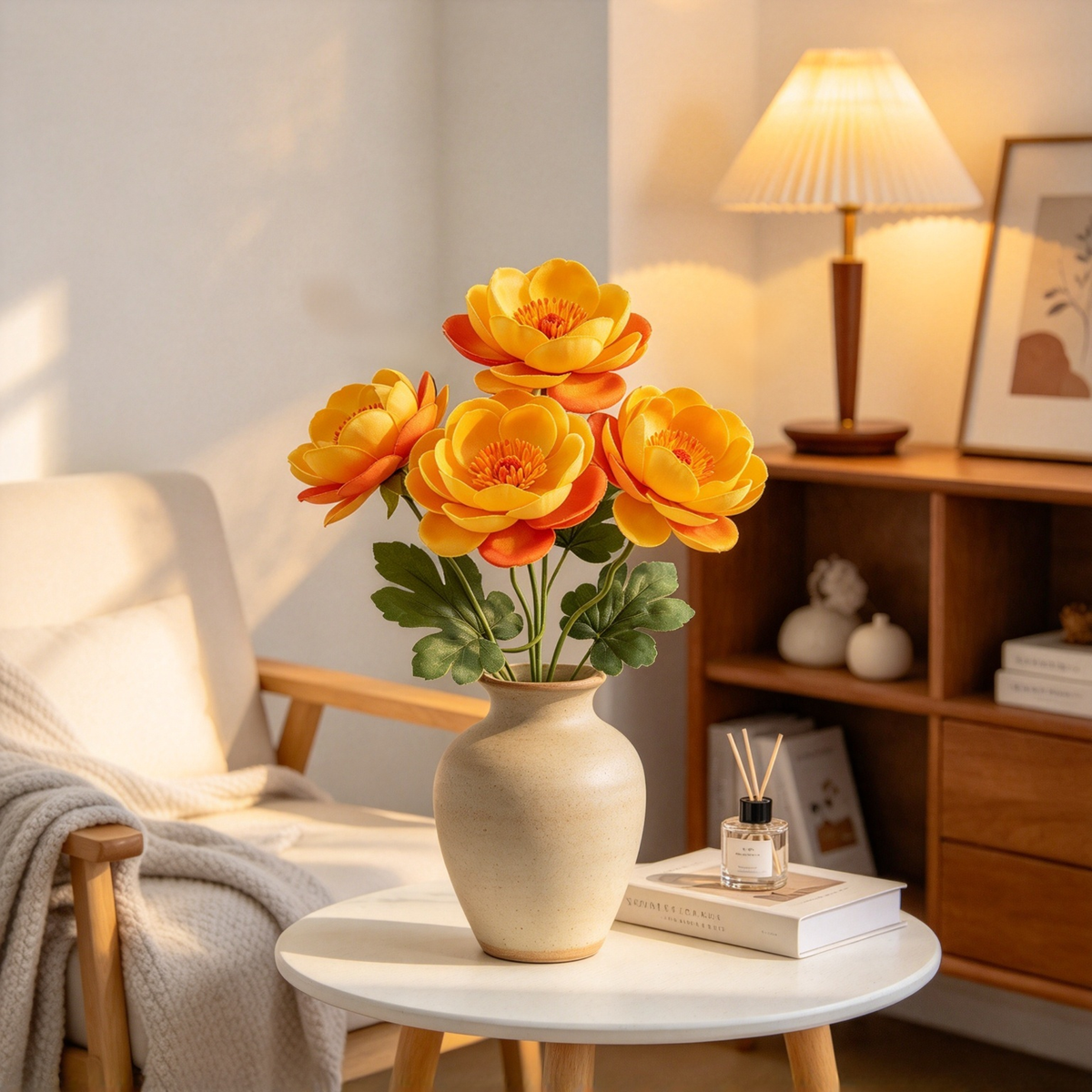 Artificial Ranunculus Stem with Four Yellow Blooms