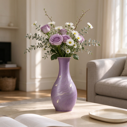 Lavender Wavy Line Teardrop Ceramic Vase