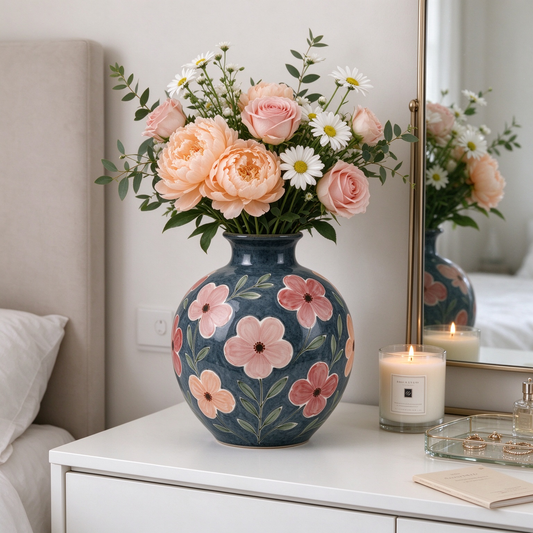 Dark Blue Hand Painted Floral Round Ceramic Vase