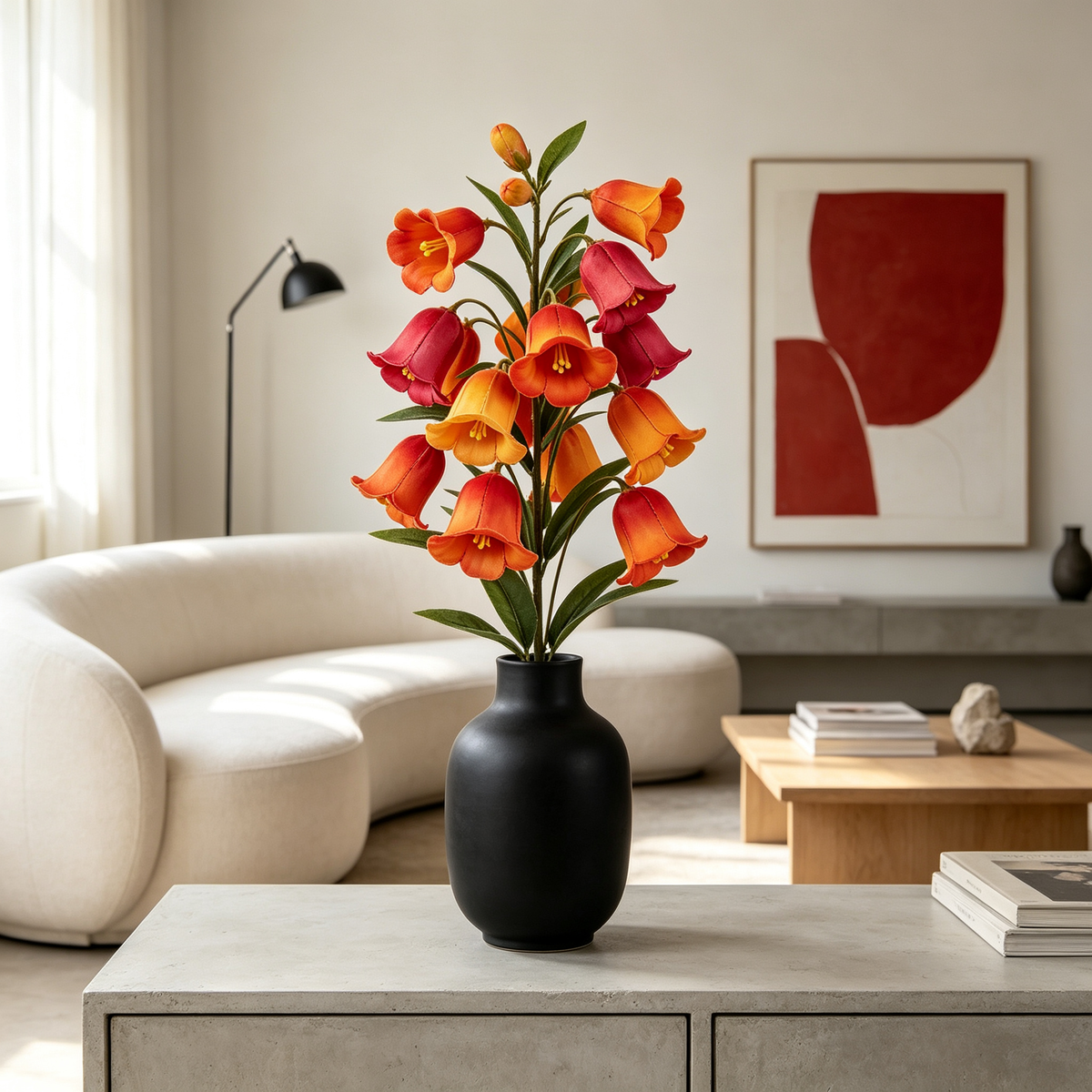 Artificial Bellflower Stem Orange Red Hued Blooms
