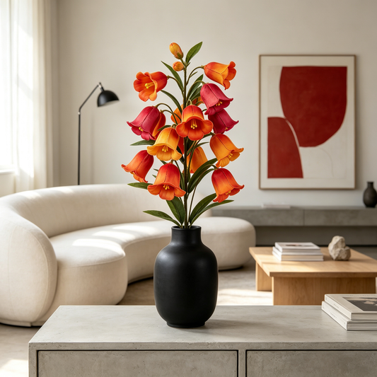 Artificial Bellflower Stem Orange Red Hued Blooms