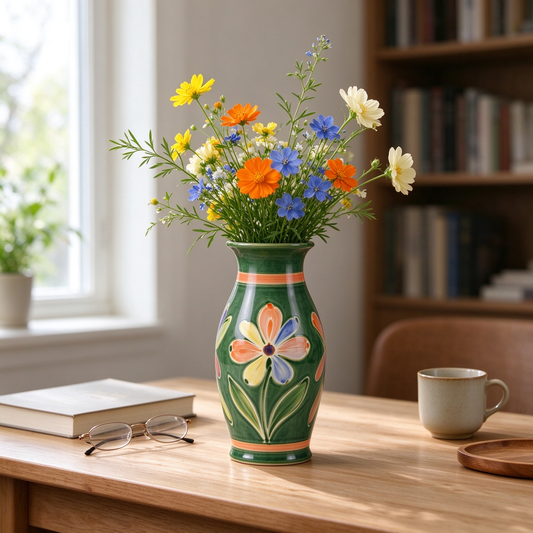 Green Multicolor Floral Flared Ceramic Vase