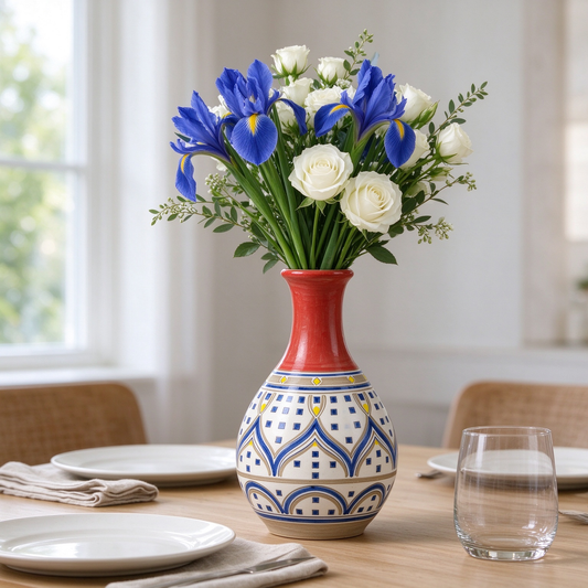 Red Neck Geometric Pattern Teardrop Ceramic Vase