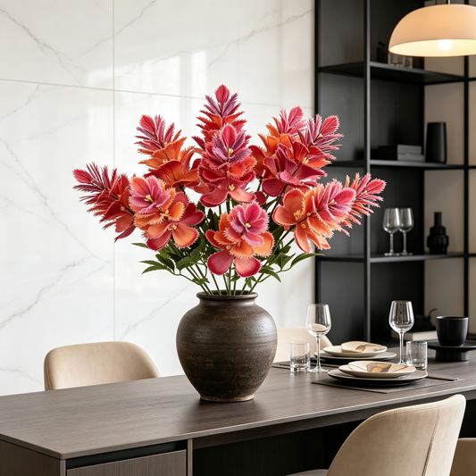 Artificial Fringed Flower Bush Red Orange Blend