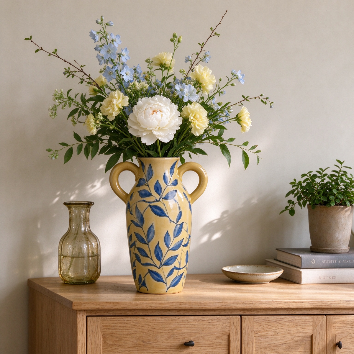 Double Handle Blue Leaf Yellow Ceramic Vase