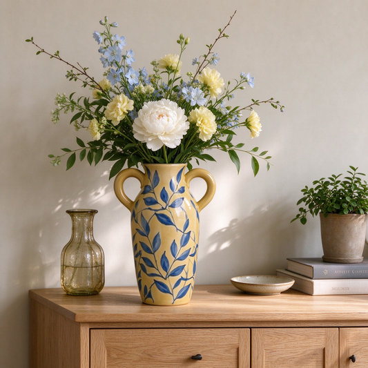 Double Handle Blue Leaf Yellow Ceramic Vase