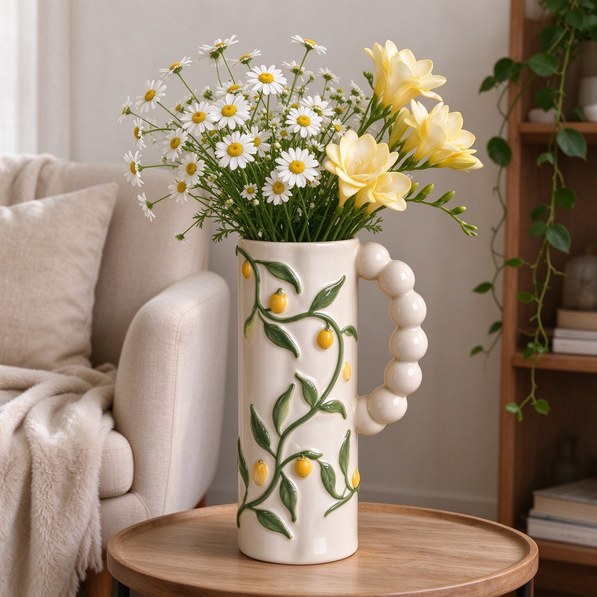 Embossed Lemon Vine Beige Ceramic Vase