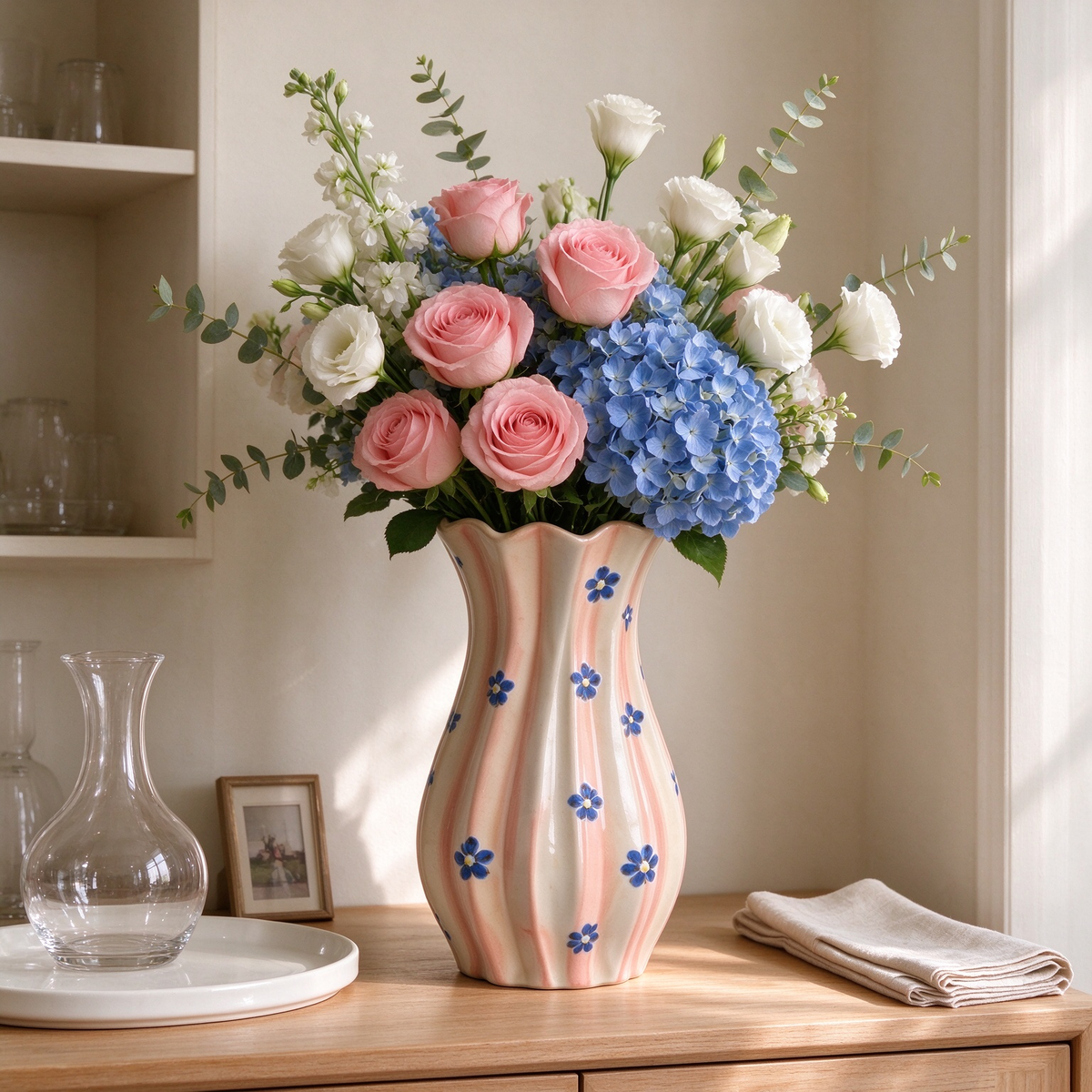 Pink Stripe Fluted Daisy Ceramic Vase