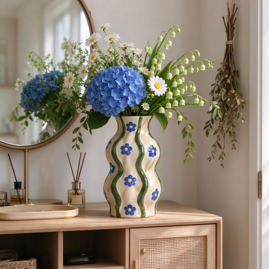 Wavy Stripe Blue Floral Beige Ceramic Vase