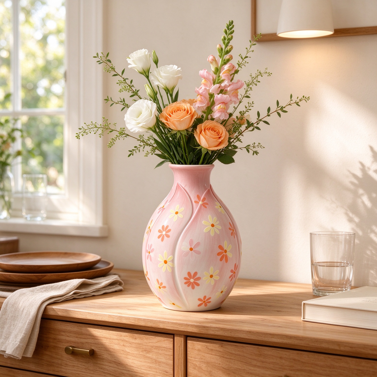 Pastel Pink Daisy Embossed Ceramic Vase