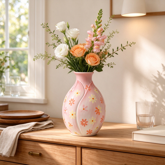 Pastel Pink Daisy Embossed Ceramic Vase