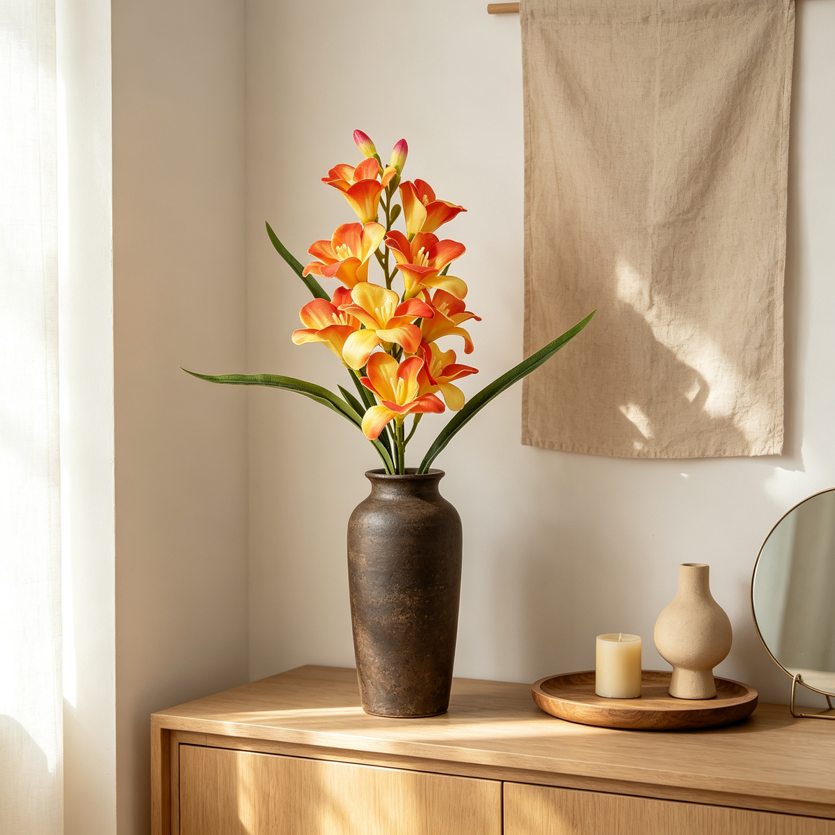 Artificial Freesia Flower Stem in Orange Yellow