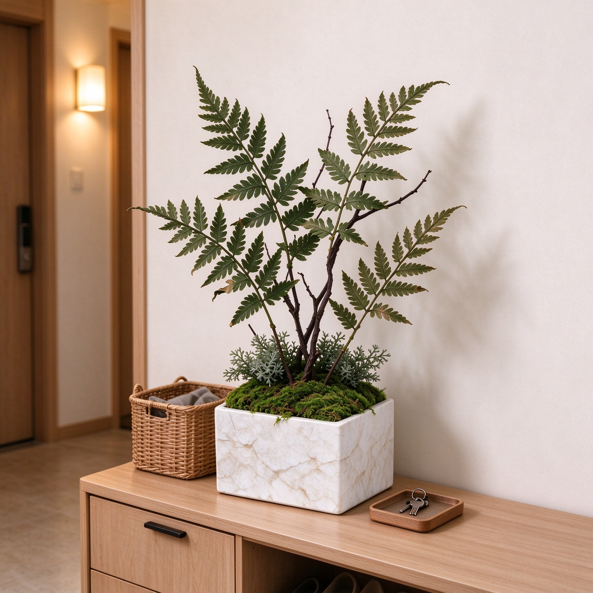Artificial Fern Arrangement in Marble Square Pot