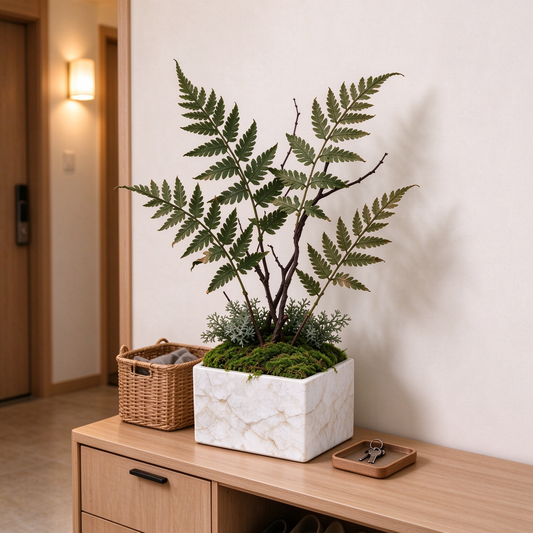 Artificial Fern Arrangement in Marble Square Pot