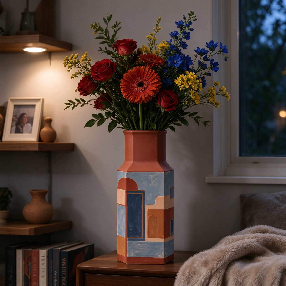 Geometric Arch Hand Painted Hexagon Ceramic Vase