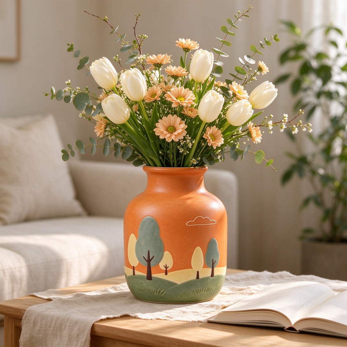 Rural Landscape Embossed Orange Ceramic Vase