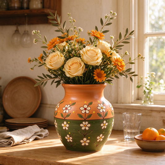 Two Tone Floral Carved Earthenware Vase