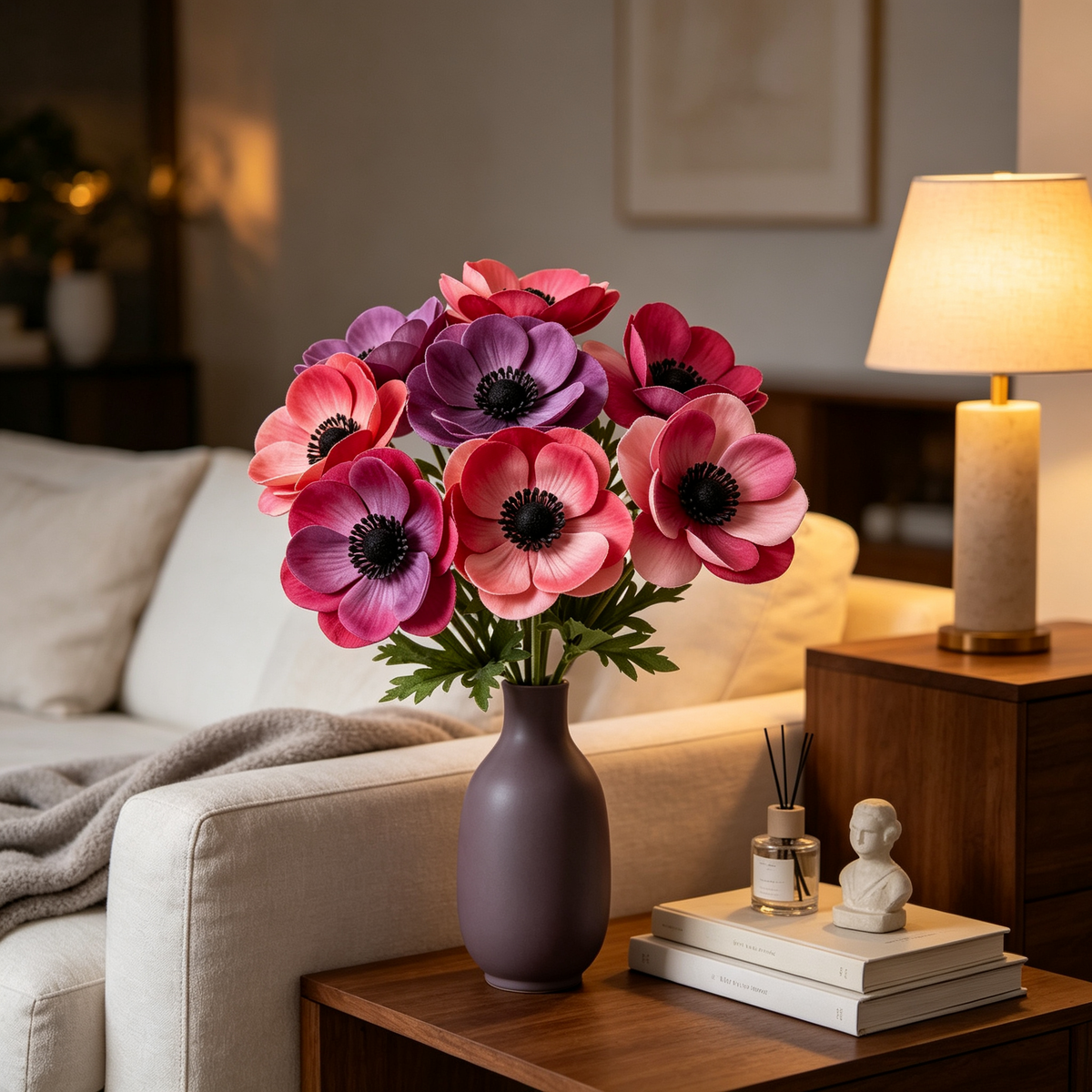 Artificial Anemone Bouquet Stem Mixed Pink Purple