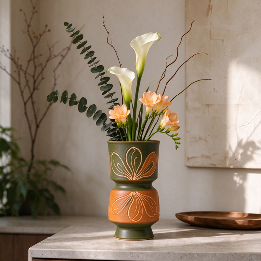 Retro Leaf Carved Two Tier Ceramic Vase