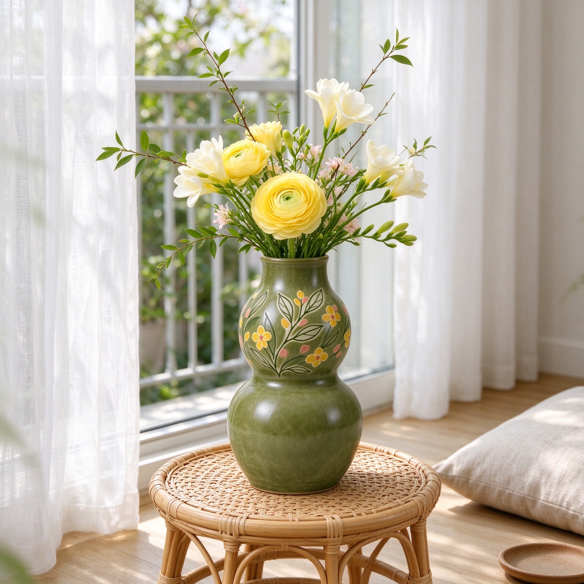 Gourd Shaped Hand Painted Floral Ceramic Vase