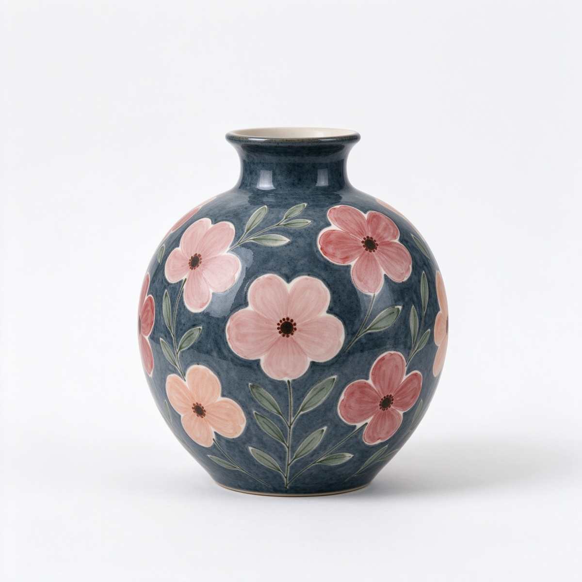 Dark Blue Hand Painted Floral Round Ceramic Vase