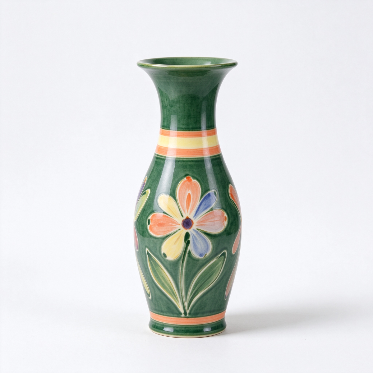 Green Multicolor Floral Flared Ceramic Vase