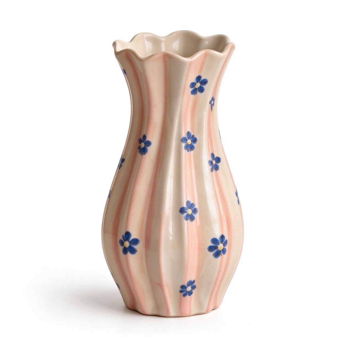 Pink Stripe Fluted Daisy Ceramic Vase