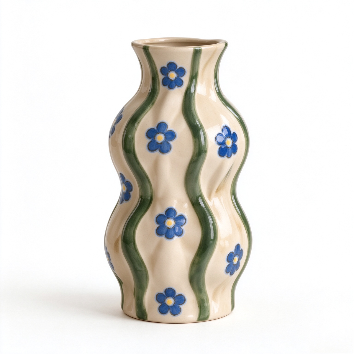 Wavy Stripe Blue Floral Beige Ceramic Vase